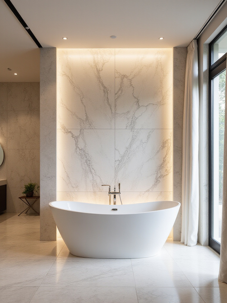 Luxurious bathroom with a marble accent wall and freestanding tub