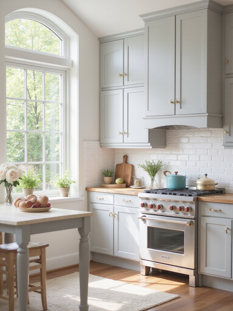 Kitchen designed with a harmonious color palette featuring light gray cabinetry and white subway tile.