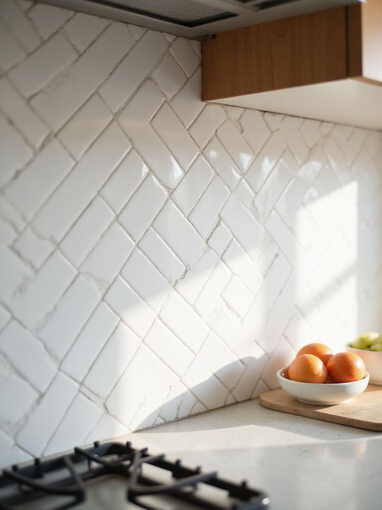 Herringbone pattern backsplash in a modern kitchen