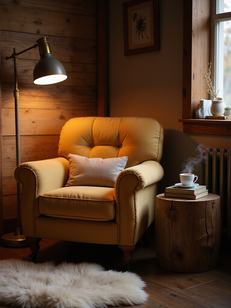 Cozy reading nook with armchair and warm light in rustic living room