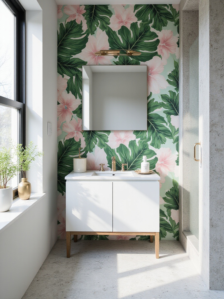 Bathroom with bold wallpaper accent wall featuring vibrant botanical patterns