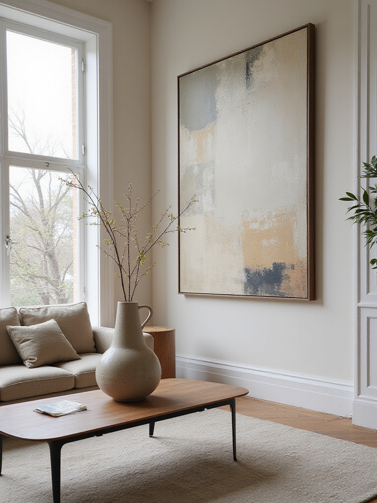 Modern living room with curated art and decor featuring an abstract painting and a ceramic vase.