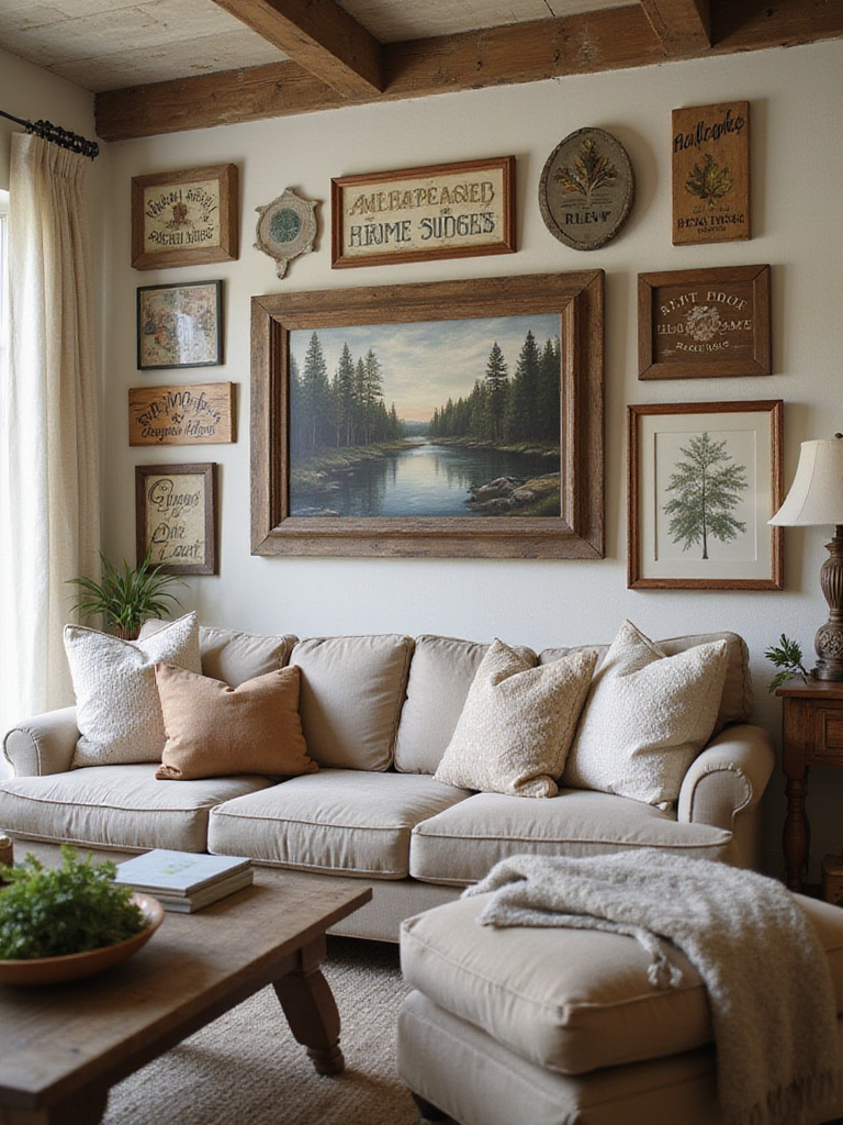 Rustic wall art featuring nature-inspired pieces and vintage signs in a cozy living room.