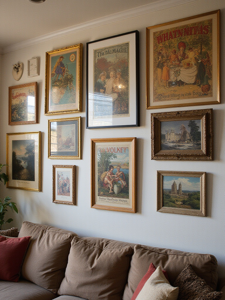 Gallery wall featuring diverse artwork in a cozy living room setting