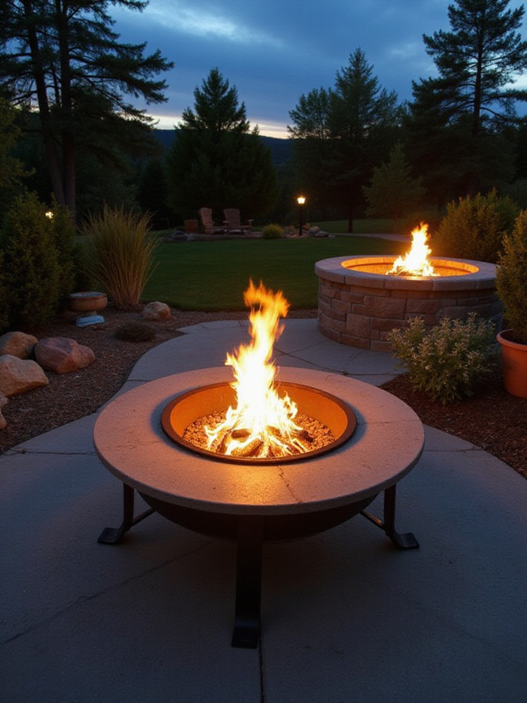A backyard scene featuring a portable firepit and a permanent built-in firepit, highlighting their differences.