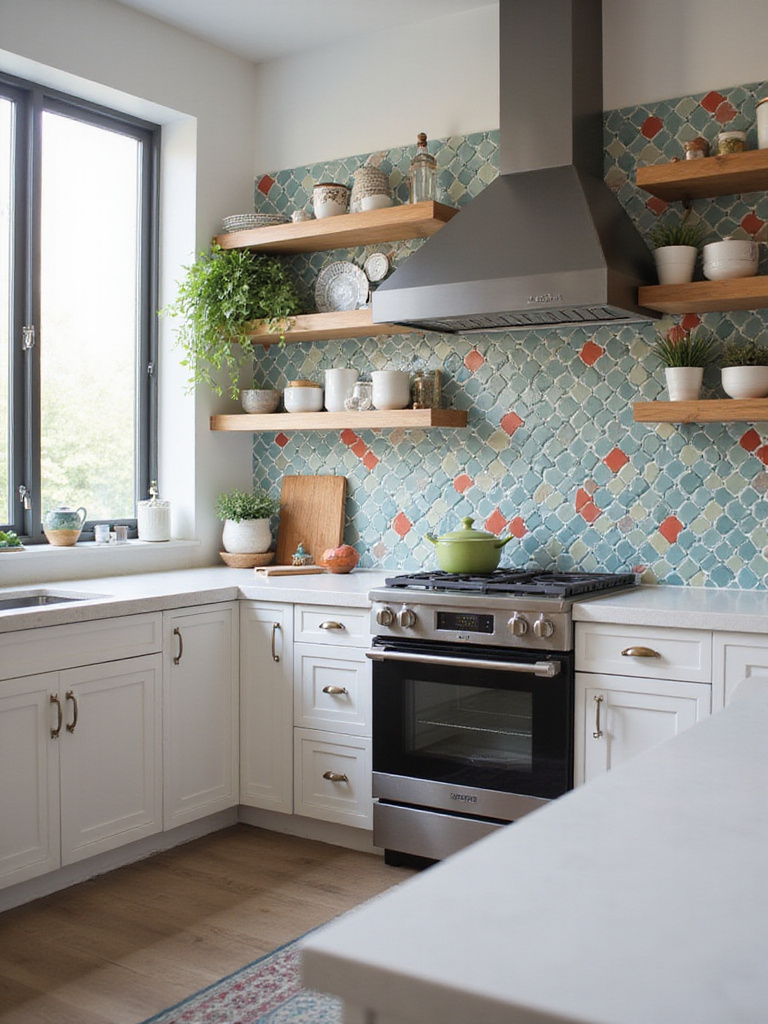 Modern kitchen with vibrant accent wall tiles defining the cooking zone
