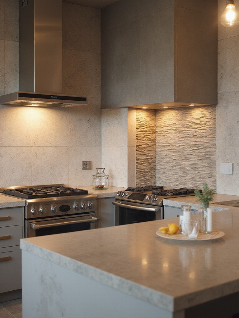 Modern kitchen interior with mixed material backsplashes defining different functional zones.