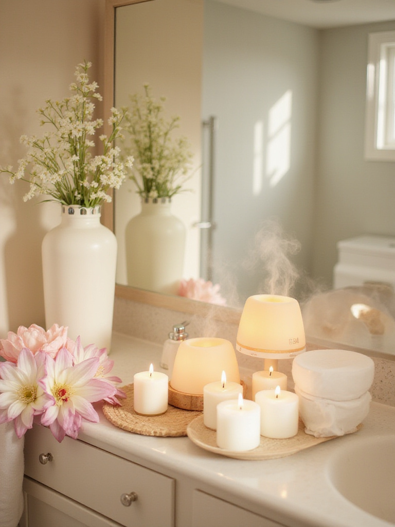 A tranquil bathroom scene with essential oil diffusers and candles creating a spa-like atmosphere.