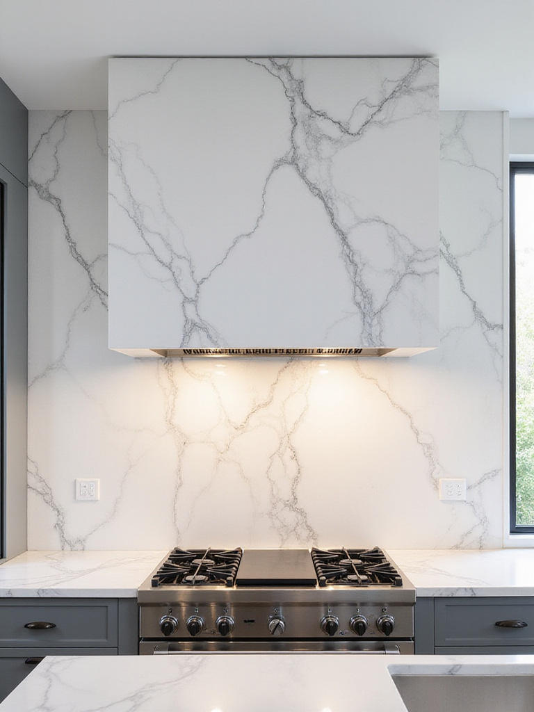 Modern kitchen with high-impact feature wall made of Calacatta marble