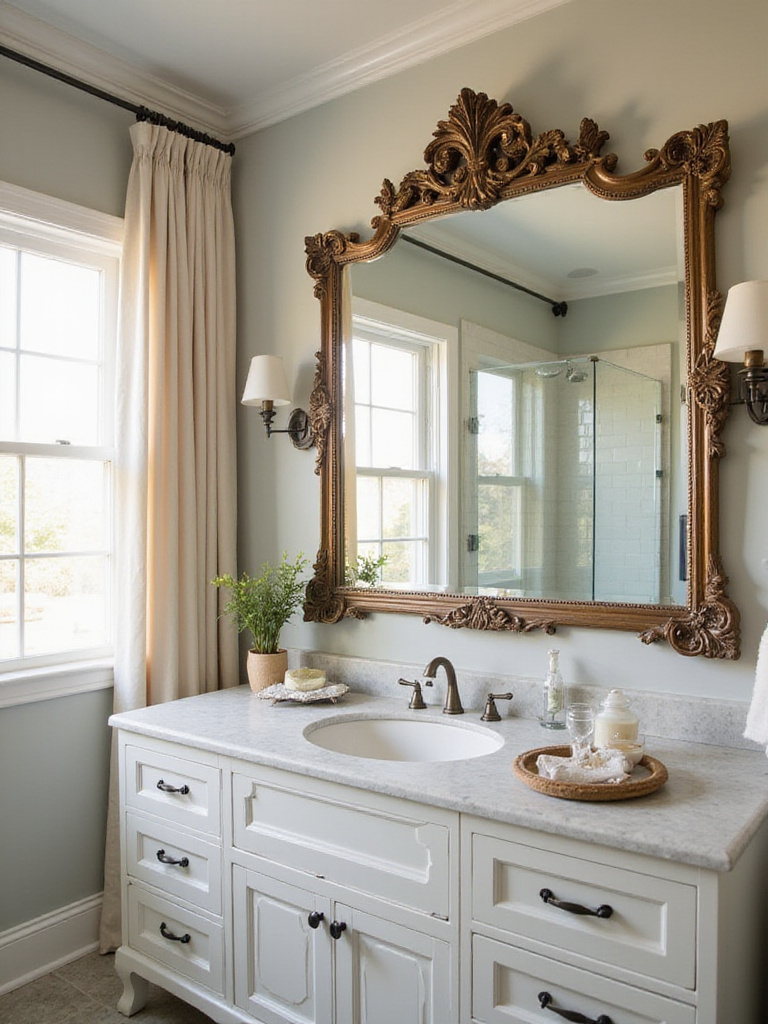 A stylish bathroom featuring a large ornate statement mirror above a vanity.