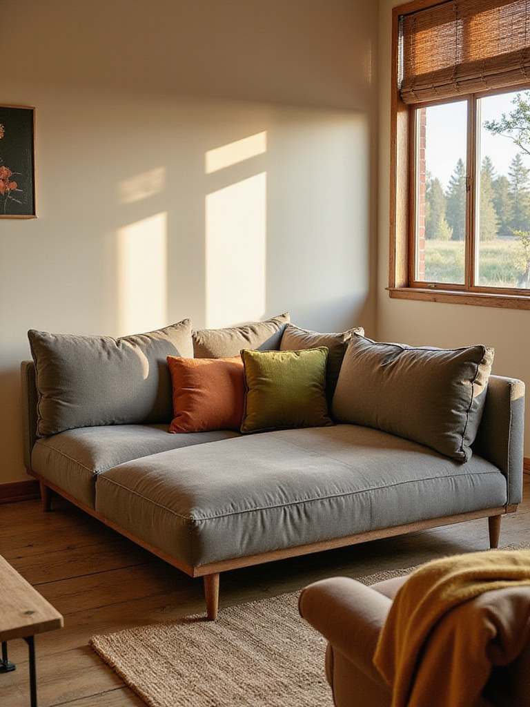 Rustic living room with warm color palette featuring earthy neutrals and deep muted tones.