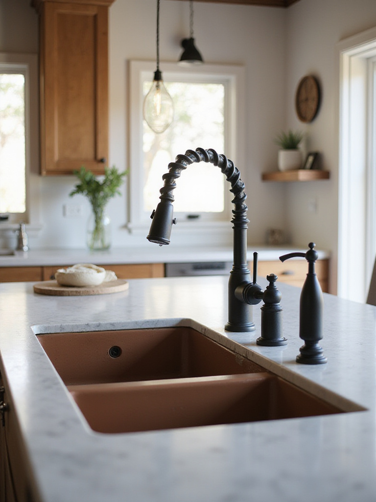 A statement farmhouse sink with a matte black pull-down faucet in a modern rustic kitchen.
