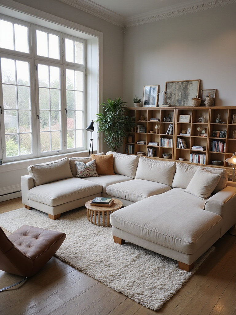 A modern living room with strategic furniture arrangement defining distinct zones.