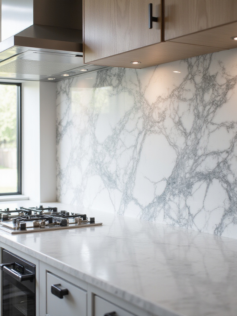 Modern kitchen with a Calacatta marble slab backsplash, showcasing luxurious design elements.