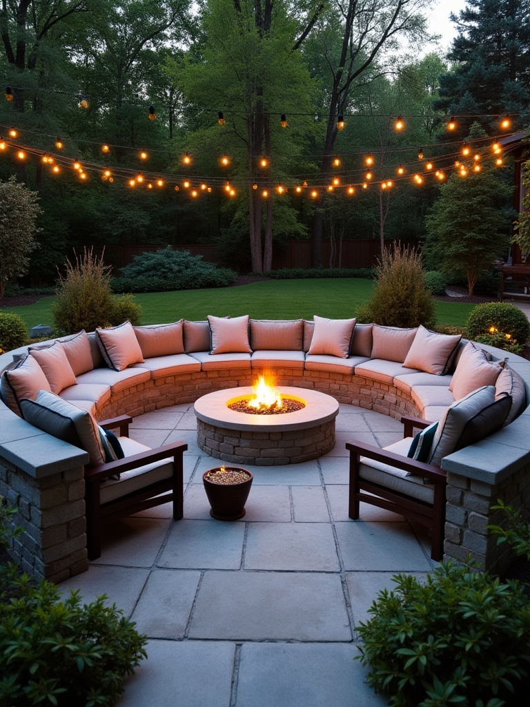 Seamless seating arrangement around a cozy firepit in a beautifully landscaped backyard.