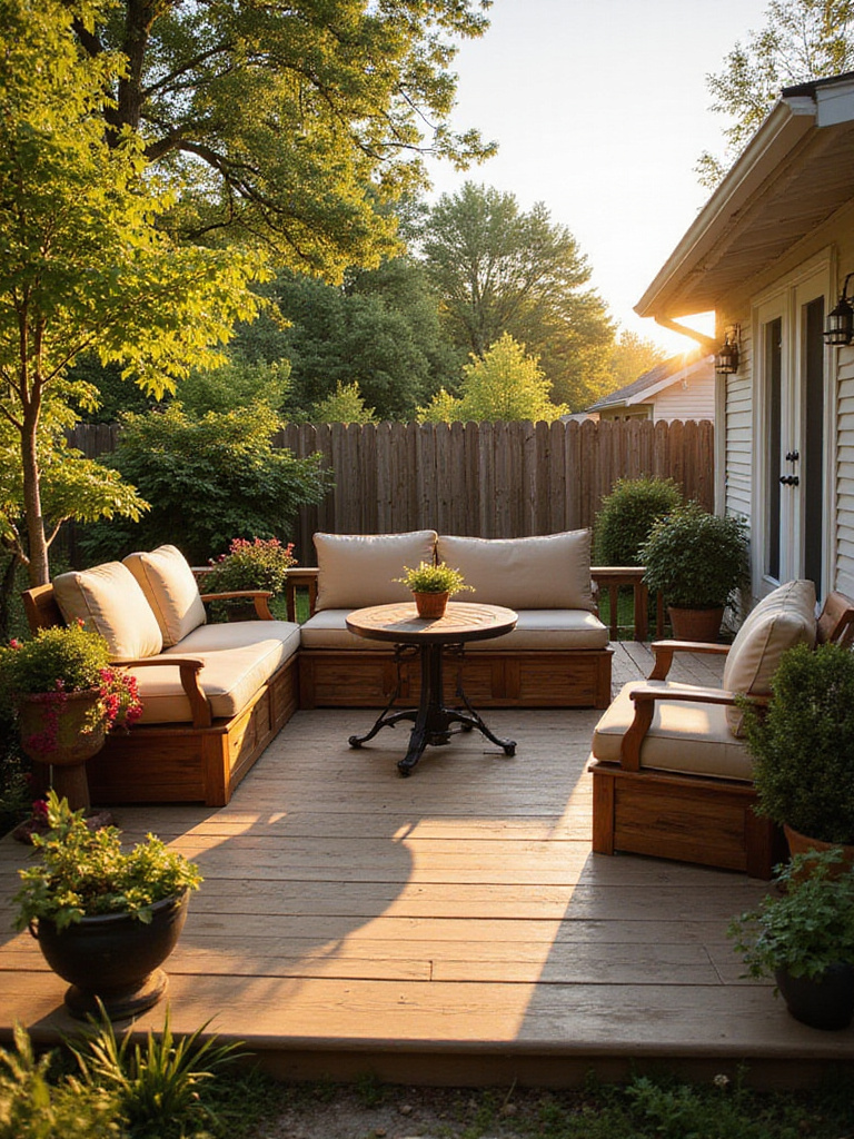 Compact deck design with built-in seating and dining area in a backyard