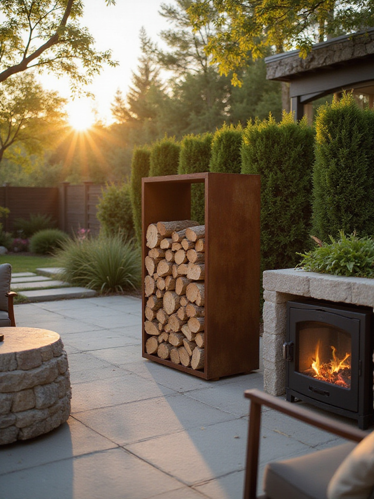 Clever log storage design next to a wood-burning firepit in a modern backyard setting.