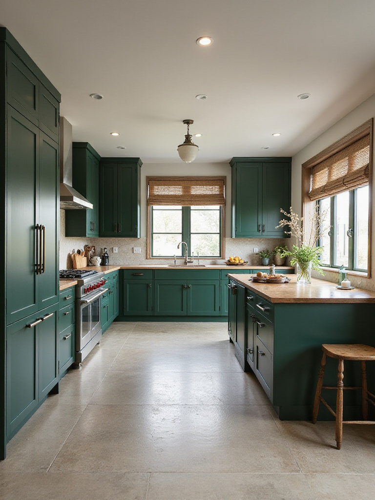 Large kitchen with deep forest green cabinets and a warm oak island, showcasing a luxurious and inviting atmosphere.