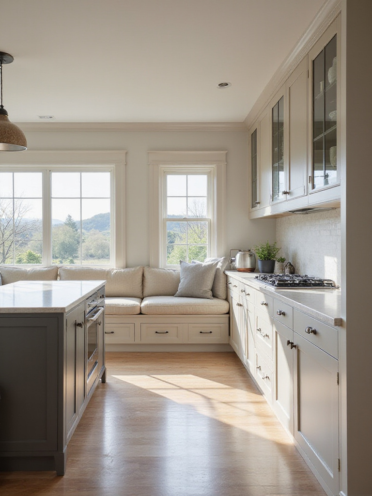 Modern kitchen with integrated seating and cabinets
