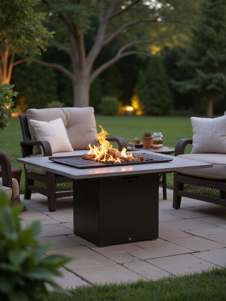 A modern multi-purpose firepit in a lush backyard, glowing warmly in the evening light.