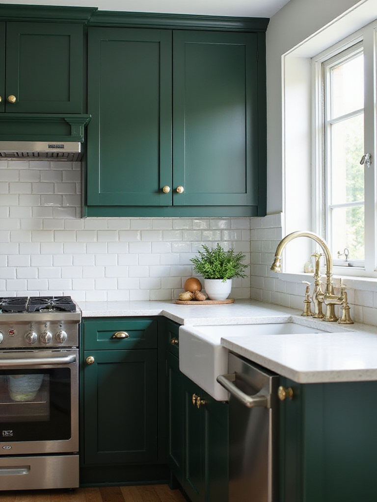 Beautiful kitchen with green cabinets and white subway tile backsplash