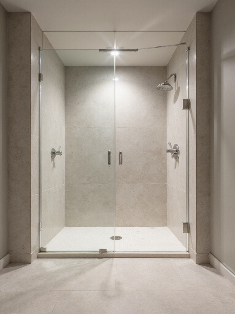 Modern frameless walk-in shower with seamless tile design
