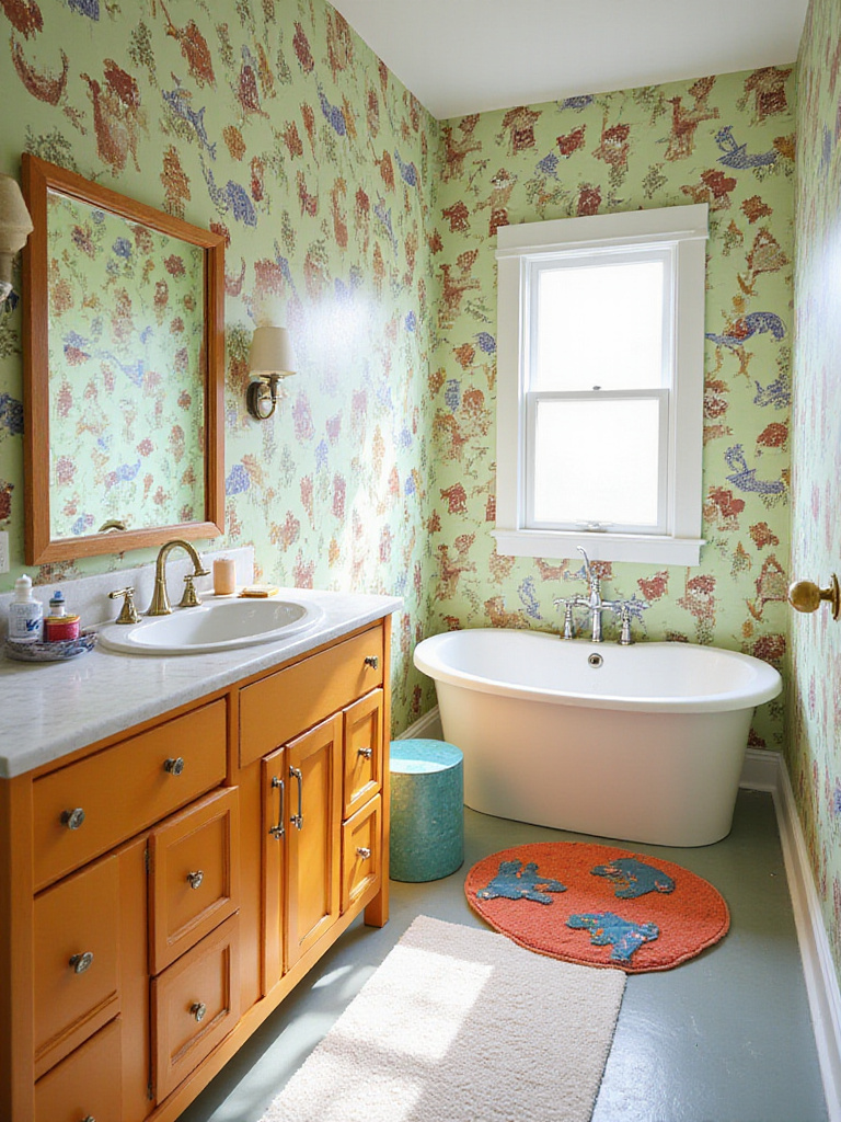 A playful kids' bathroom decorated with whimsical wallpaper featuring jungle animals and colorful accessories.