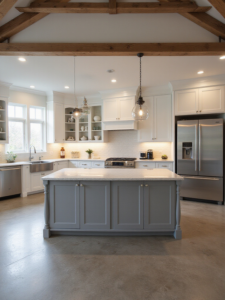 Spacious kitchen island with proper clearance around it, showcasing modern appliances and countertops.