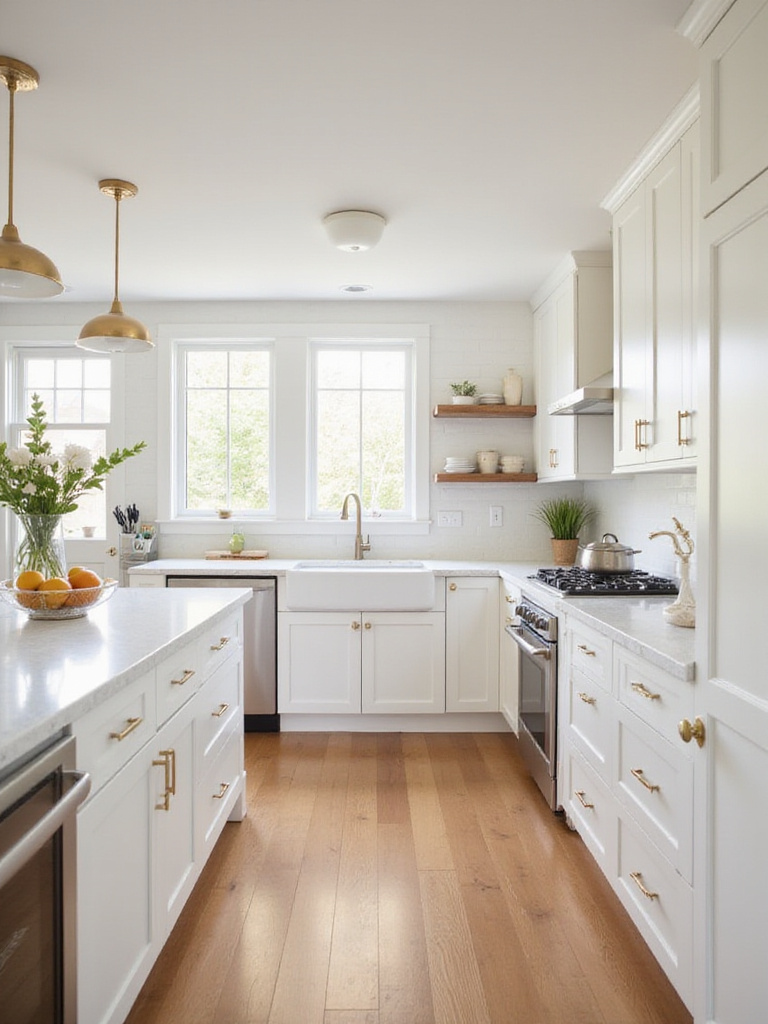 A future-proof kitchen design featuring classic white cabinetry and quartz countertops.