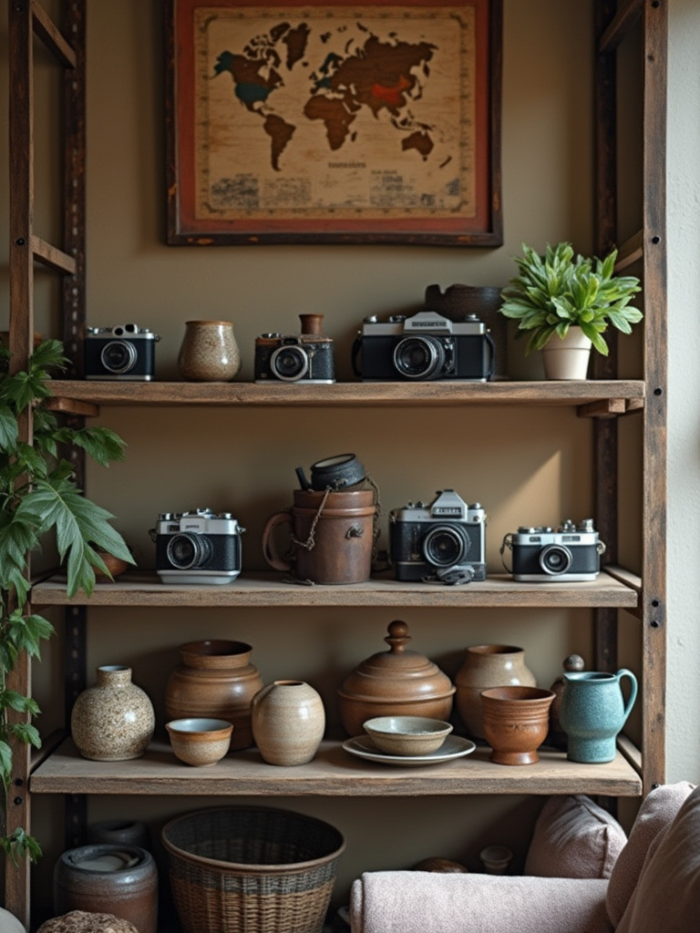 Thoughtfully displayed personal collections in an eclectic living room setting.