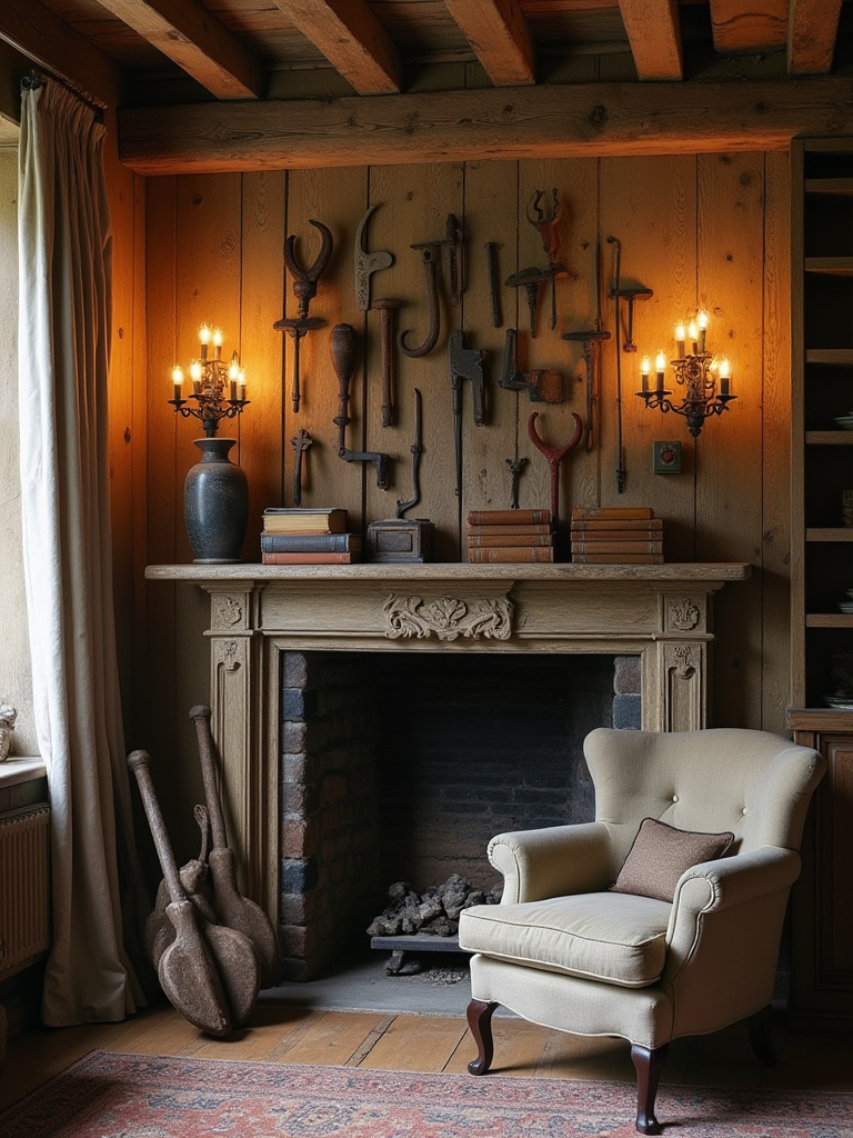 Rustic living room with a display of found objects and antiques on a mantelpiece.