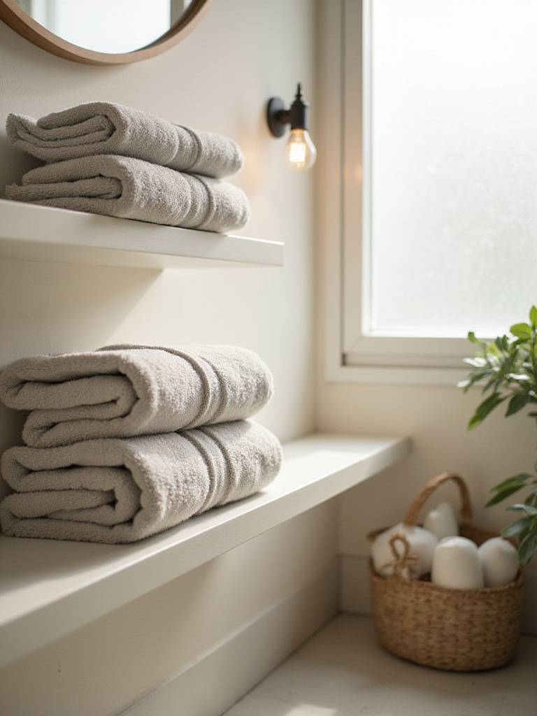 Minimalistic bathroom with essential towels displayed neatly on a shelf.