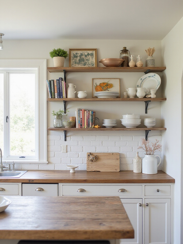 A modern kitchen with open shelving displaying decor and kitchenware.
