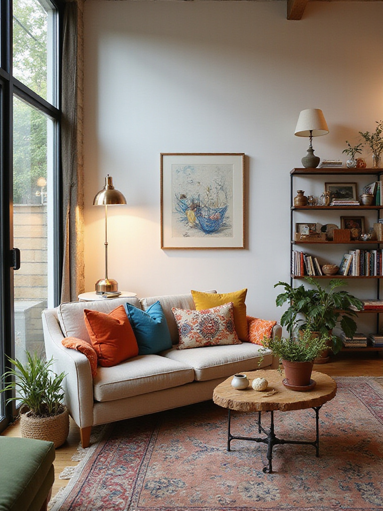 Eclectic living room with curated decor and minimal clutter.