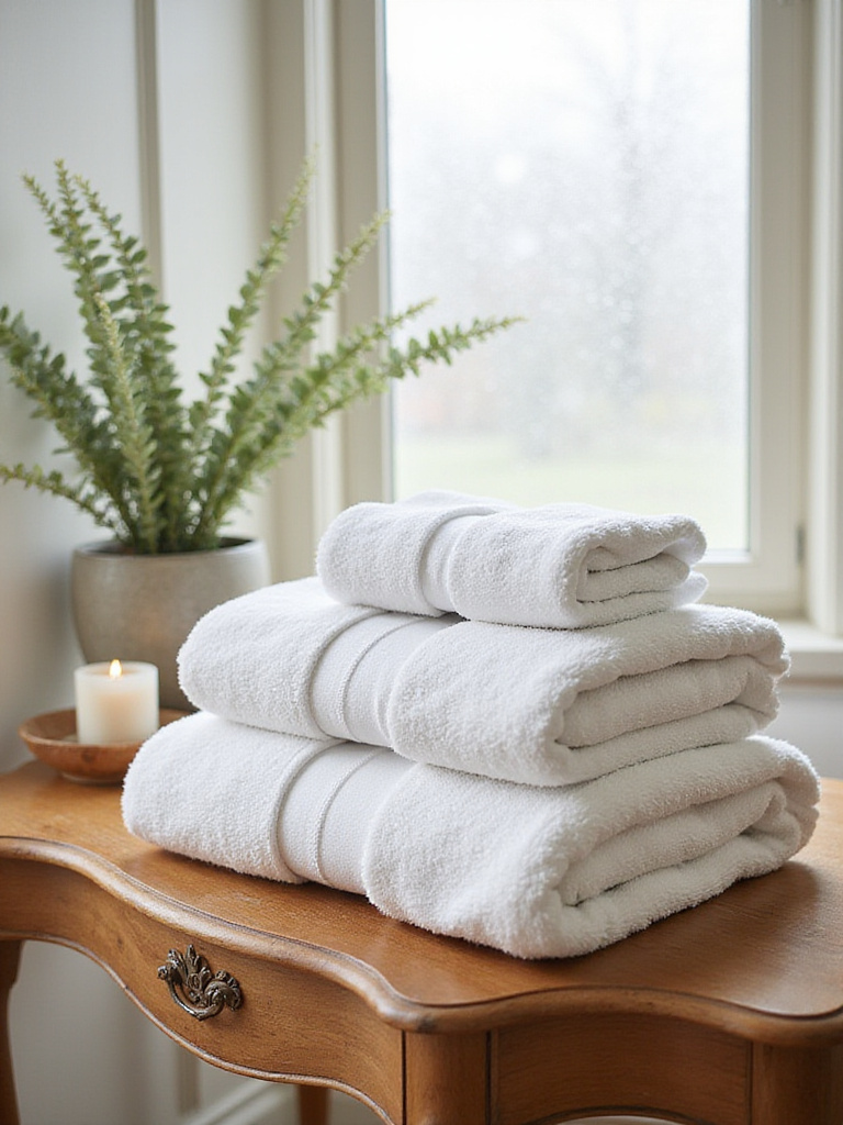 A beautifully arranged bathroom featuring plush towel sets on a wooden shelf with decorative items.