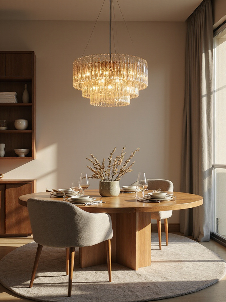 Modern dining room featuring a stylish chandelier with elegant setting.