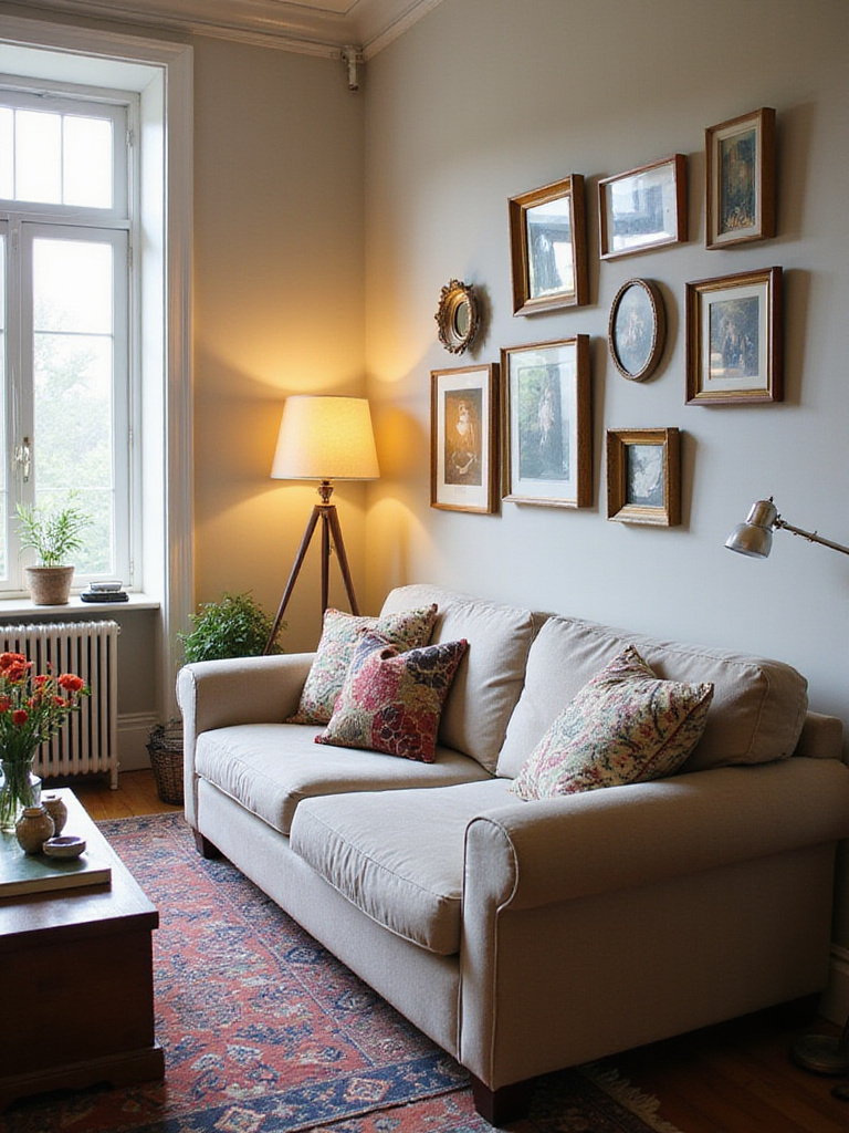 Eclectic living room with vintage and modern elements showcasing asymmetry and imperfection.