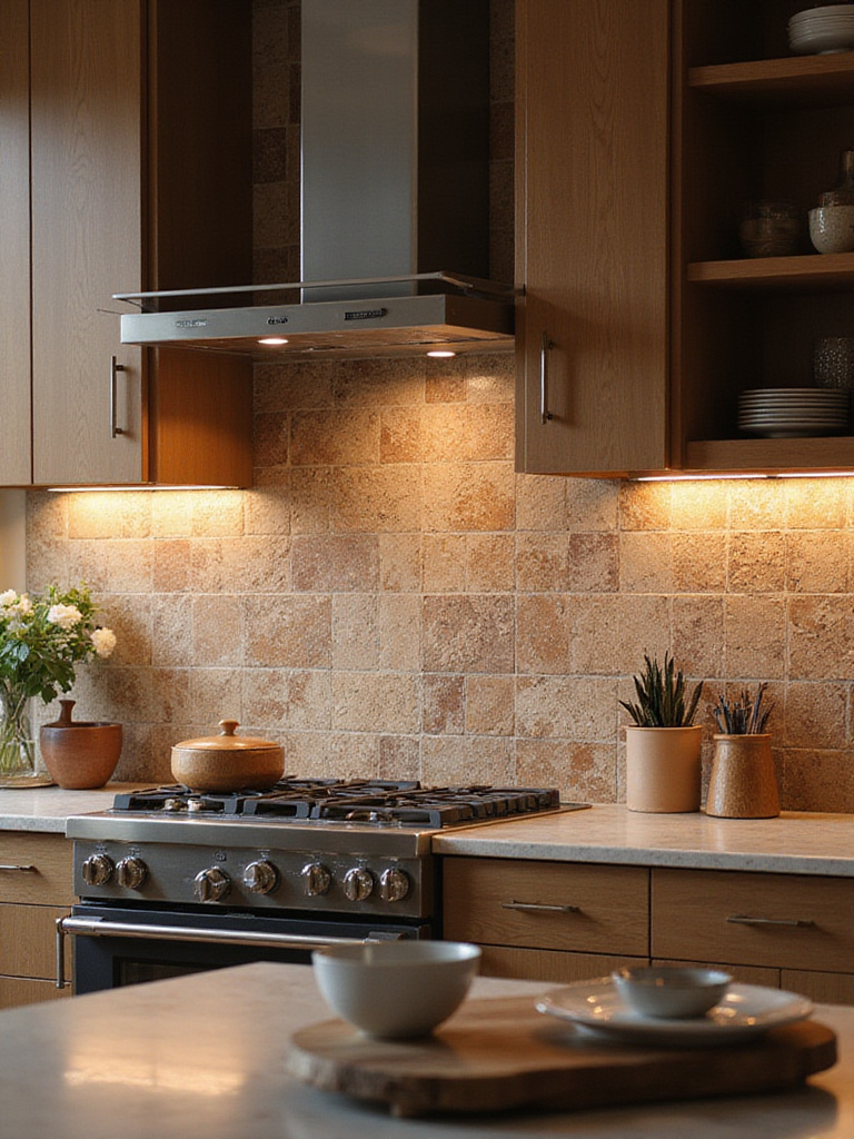 Modern kitchen backsplash featuring authentic Zellige tiles in various earthy tones.