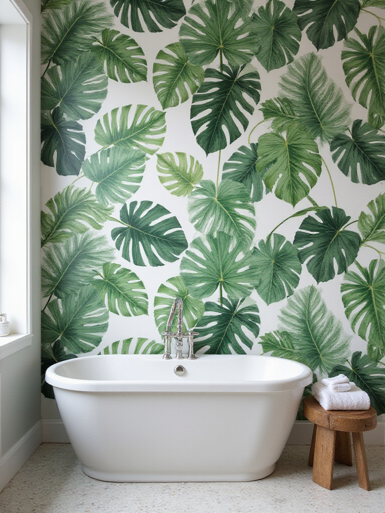 Serene bathroom with lush botanical wallpaper and freestanding tub