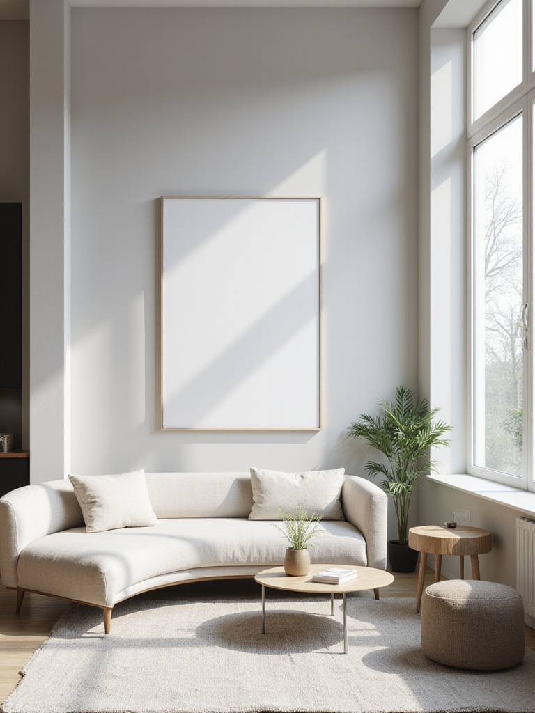 Minimalist modern living room with neutral colors and clean lines