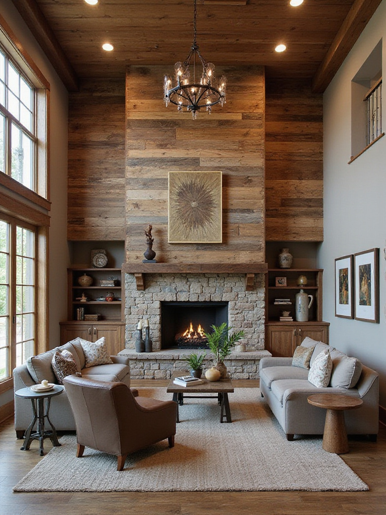 Rustic living room showcasing reclaimed wood, stone fireplace, and raw metal decor.
