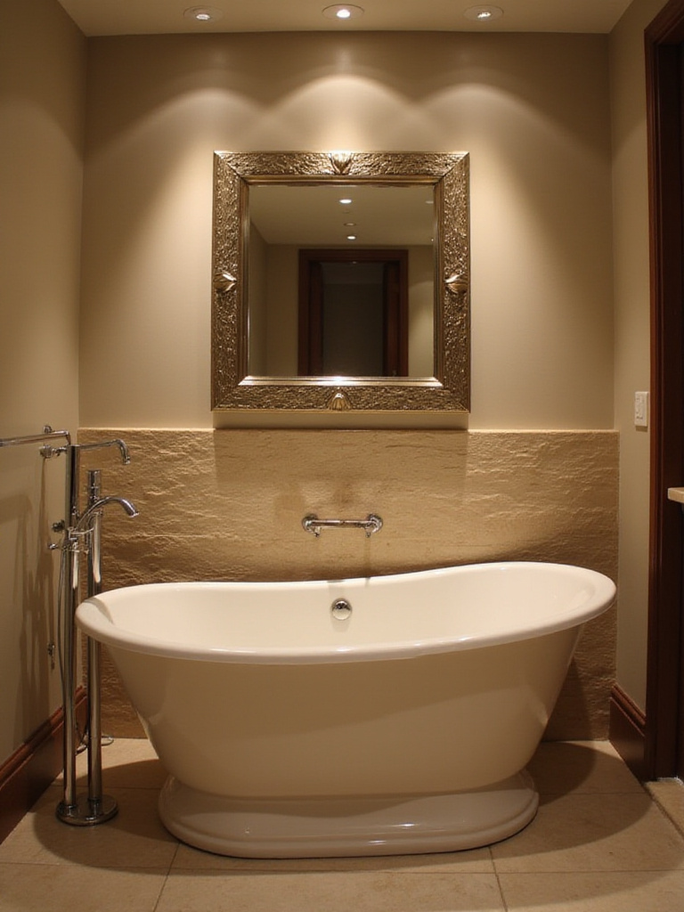 A serene bathroom with accent lighting highlighting a freestanding tub and textured wall.