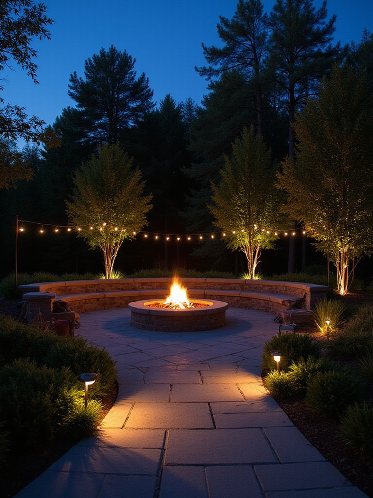 Cozy firepit area illuminated with strategic lighting at dusk