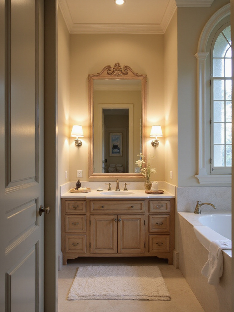 Elegant bathroom showcasing layered lighting with ambient, task, and accent lights.