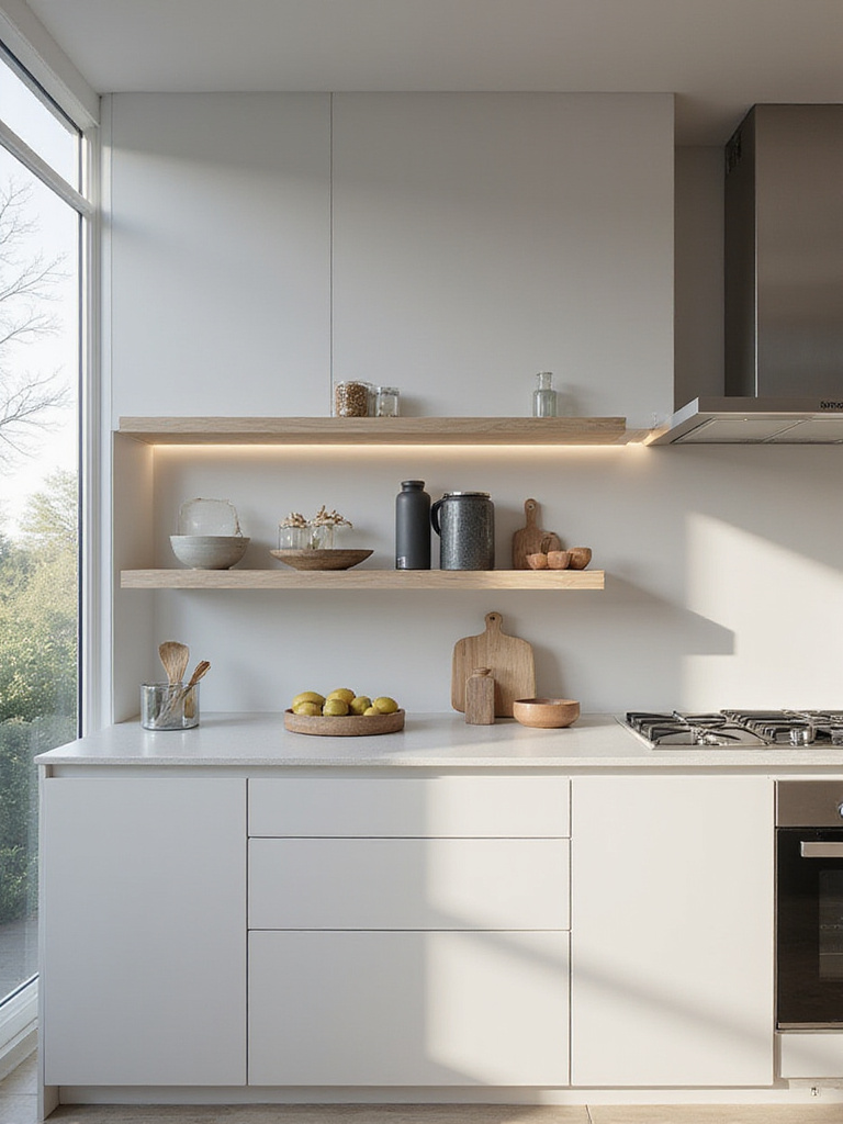 Modern kitchen with integrated shelving in the backsplash, showcasing a sleek design and spacious feel.