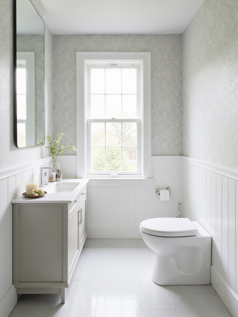 Elegant small powder room with light-colored wallpaper and geometric patterns