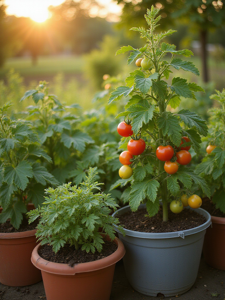Container garden with bush vegetable plants like tomatoes and cucumbers