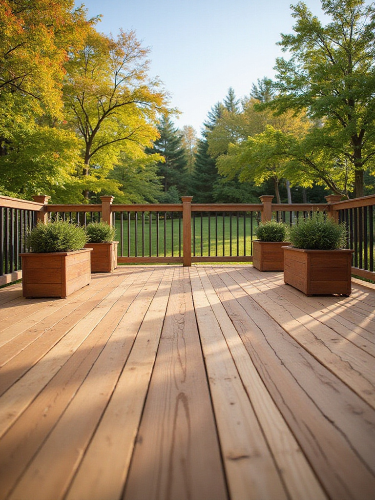 A pristine wooden deck surrounded by lush greenery, showcasing the benefits of routine cleaning.