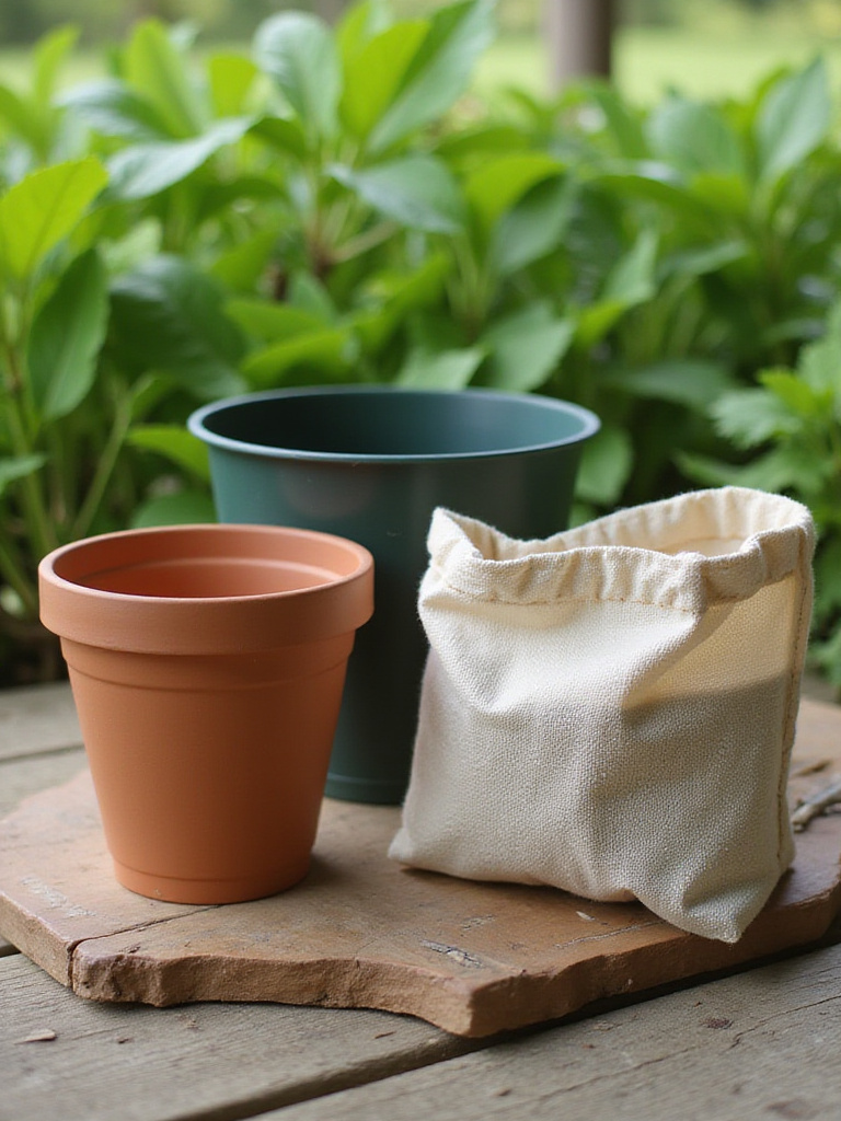 Different types of container materials for gardening: terra cotta, plastic, and fabric.