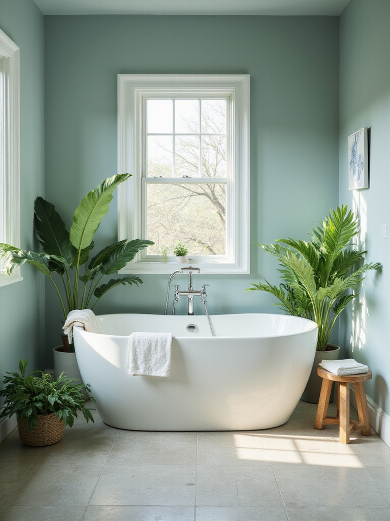 Serene bathroom with calming colors and natural light